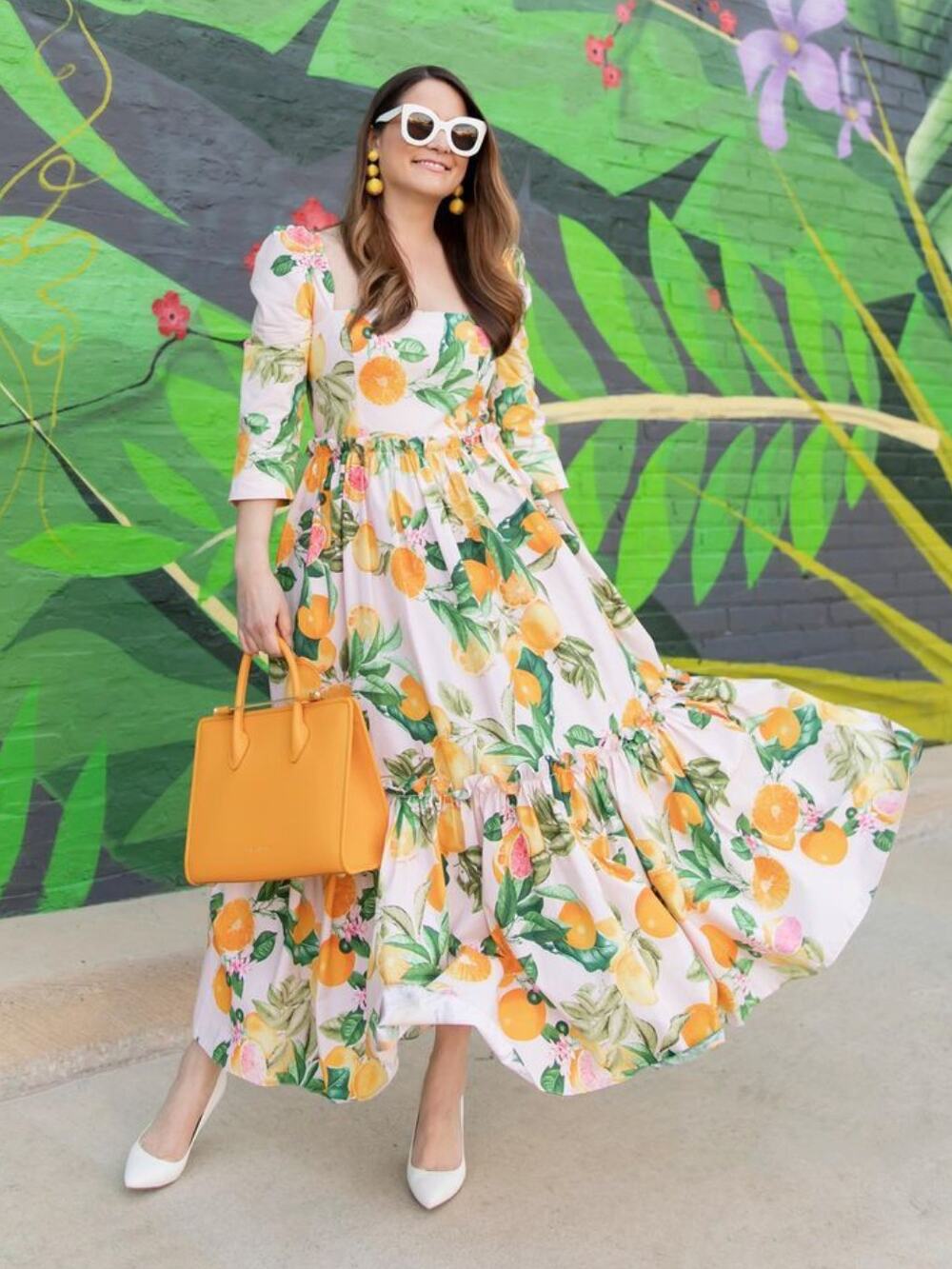 Cara Cara Grapefruit Print Maxi Dress Women 2 Blue Hill Tiered Boho Garden Party